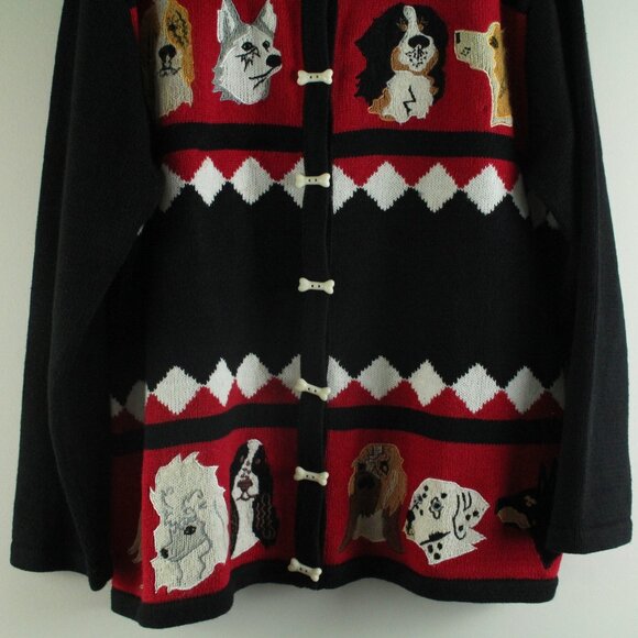 Storybook Knits Diamond Dogs Black Red Pooch Pup Bone Button Sweater Cardigan L - Picture 4 of 8